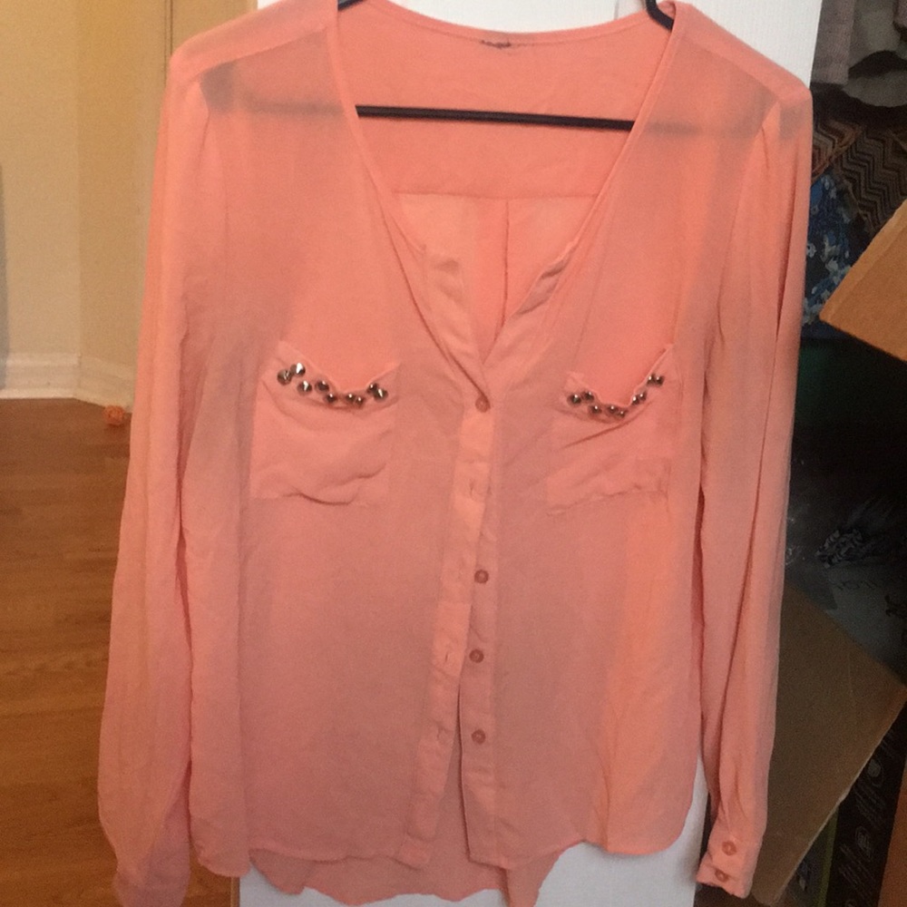 Sheer coral/peach colored long sleeve top